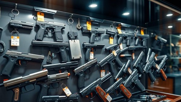 Assortment of handguns in a Michigan gun store display.