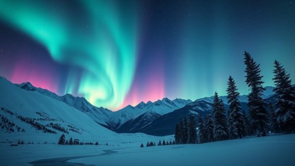 Vivid Aurora Borealis viewing March 2026 over snowy landscape and trees.