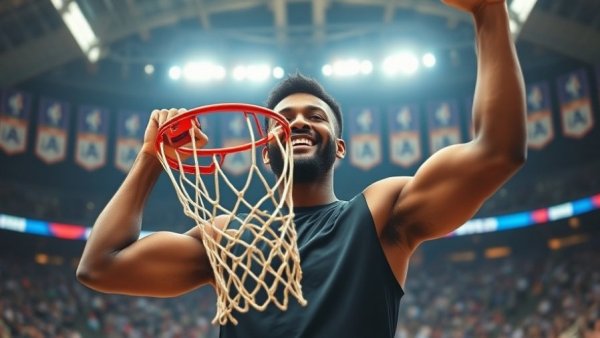 Man celebrating Michigan basketball season record with net and champions banner.