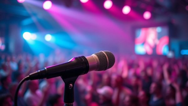 Microphone on stage at Rock and Brews restaurant opening, vibrant lighting.