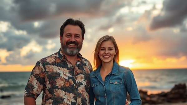 Cheerful family by the sea at sunset, embracing connectedness