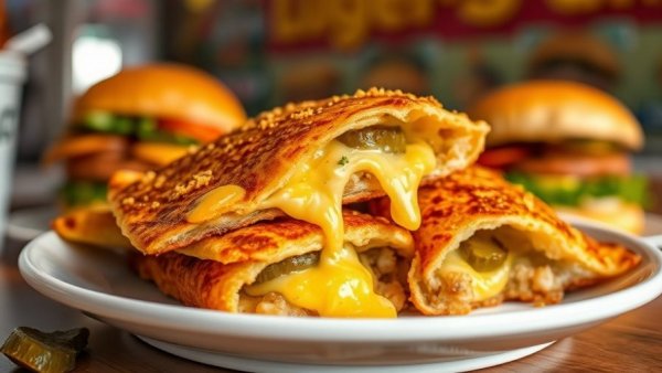 Fried pickle quesadilla on plate, food competition winner.