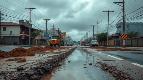 Water main break in Louisville, workers managing muddy street.