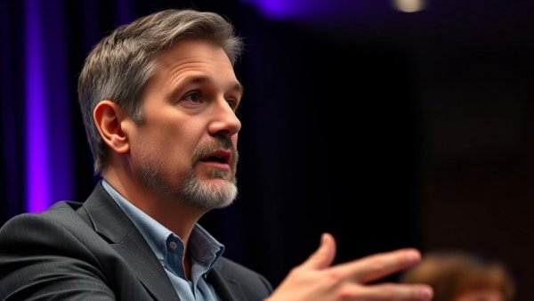 Engaged speaker discussing digital twins in defense contracting at a conference.