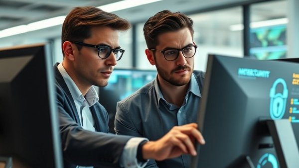 Cybersecurity team analyzing digital data displays in a secure office.