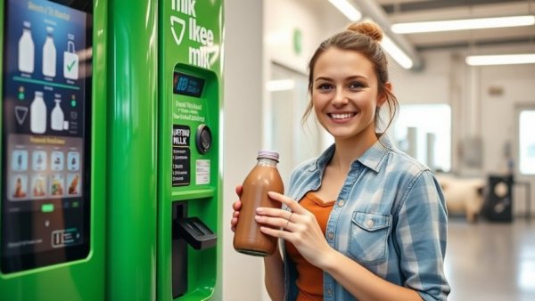 Smiling woman with chocolate milk by Michigan agriculture vending machine.