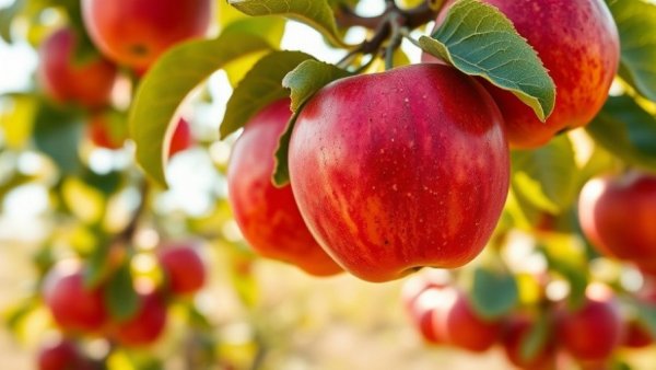 Close-up of red apples in a Michigan orchard.