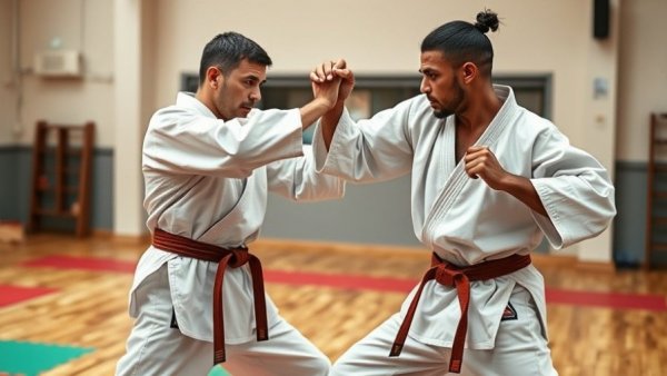 Karate practitioners sparring in a dojo during karate lessons Gurnee.