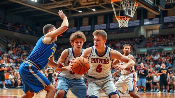 Rockford basketball quarterfinal victory scene, intense player action.