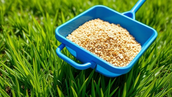 Blue lawn fertilizer spreader on green grass under the sun.