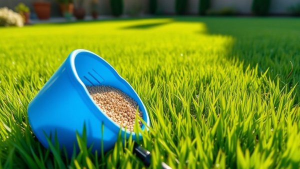Lush lawn with fertilizer spreader for best times to fertilize your lawn.