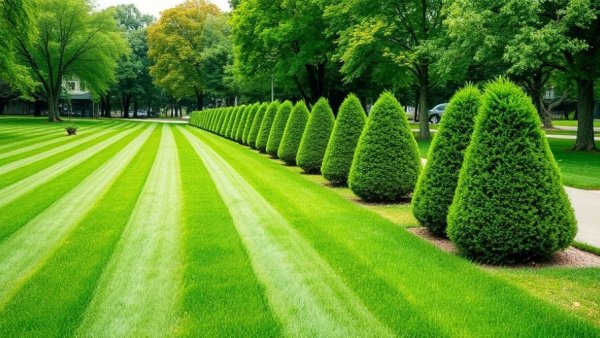 Well-maintained striped lawn showcasing lawn fertilization and weed control services in Muskegon.