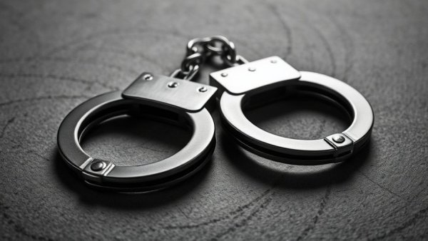 Metallic handcuffs on textured surface, symbolizing fraud in property management.