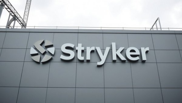 Cloudy facade with Stryker logo, industrial setting, soft light