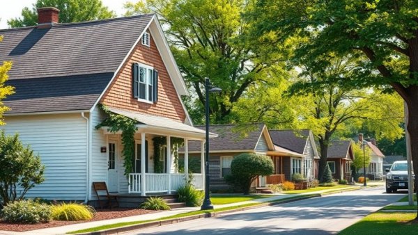Diverse homes on a suburban street in Monroe County, natural lighting.