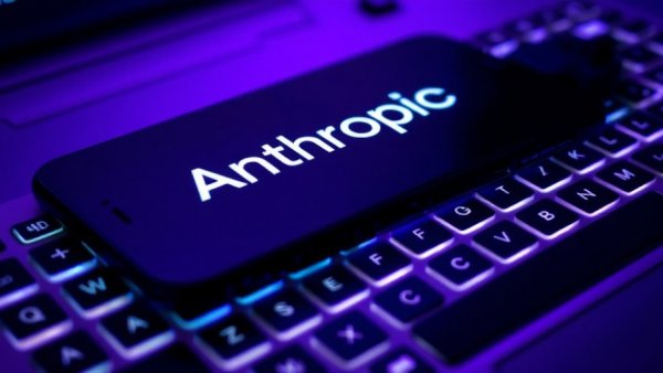 Smartphone displaying 'Anthropic' on keyboard with purple lighting, AI joint venture.