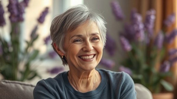 Smiling woman with short hair and lavender background