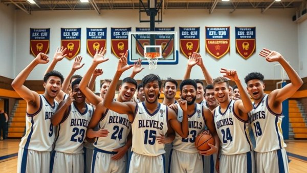 Mid Michigan College men's basketball team wins national tournament bid, group photo in gym.