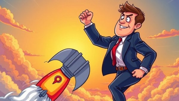 Startup challenges and opportunities illustrated by businessman on rocket.