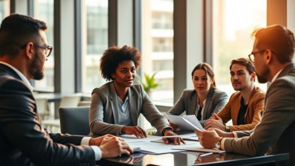 Professional team discussing tax cuts in a modern office.