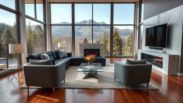 Modern living room interior designed by Revelstoke contractor, showcasing mountain view.