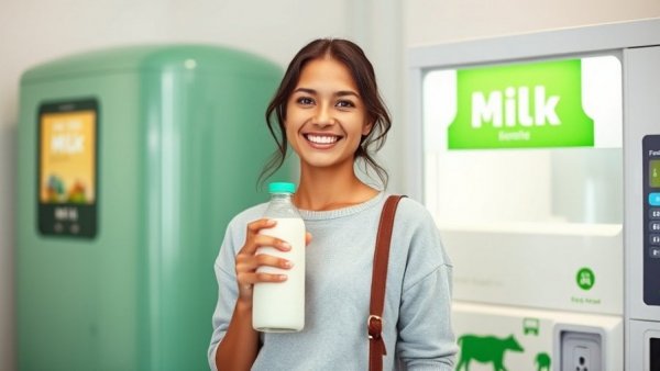 Young woman with milk bottle at vending machine, Michigan agriculture.