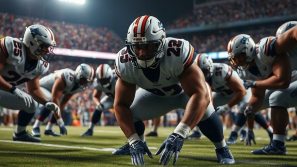 NFL lineman prepares snap during game, illustrating Chargers run game NFL improvement.