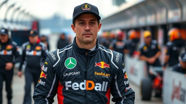 Race car driver in blue jacket with cameras capturing him.