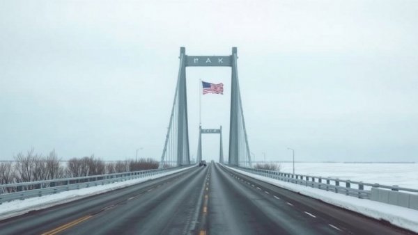 Mackinac Bridge closures: empty bridge under gray sky, flag waving.