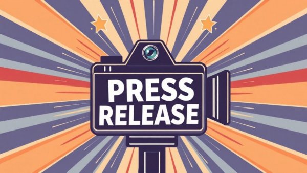 Retro film camera graphic highlighting press release theme in vintage style.