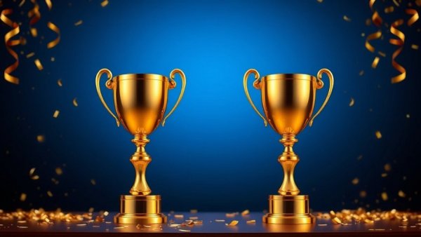 Elegant golden awards for WebAwards 2026 competition on a blue background.