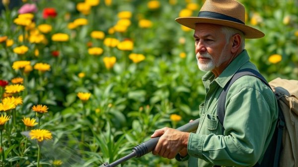 Lawn care professional applying treatments, garden setting.