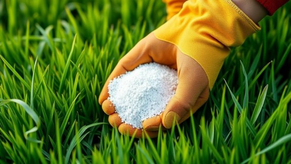 Hands applying lawn fertilizer on grass