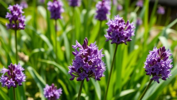 Blooming clusters of summer beauty allium in a lush garden.