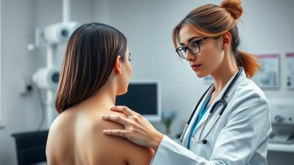 Female doctor examining patient's back; sports medicine focus.