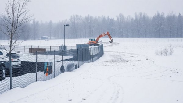 Snowy Michigan construction site with machinery and fence