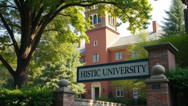 Historic university building surrounded by trees at main entrance.