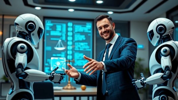AI's impact on the legal profession depicted by a businessman and robots.