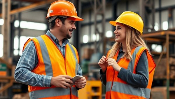 Two workers in safety vests discuss customer experience optimization.