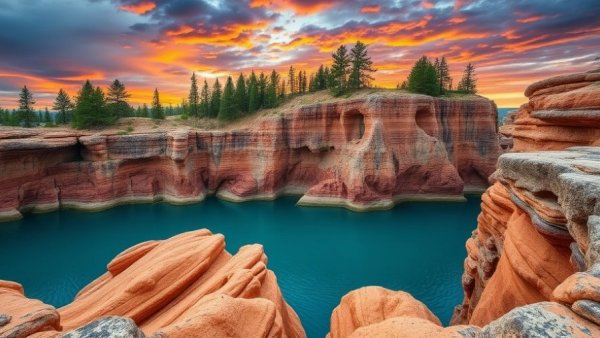 Dramatic sandstone cliffs at Pictured Rocks with lush green trees.