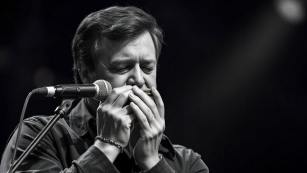Musician playing harmonica on Rough and Rowdy Ways tour in Michigan.