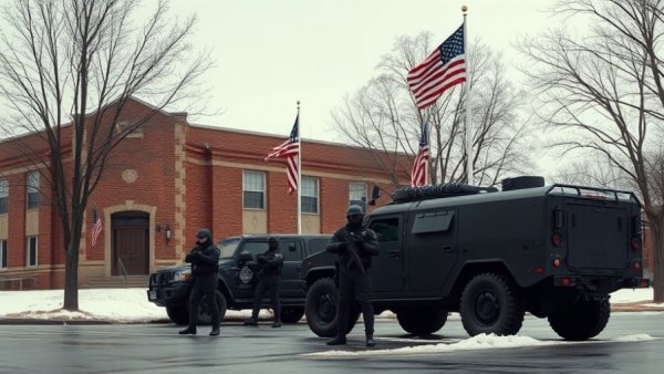 Tactical scene near brick building with SWAT team, showcasing Michigan firearm regulations.