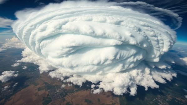 Massive swirling storm clouds over Midwest landscape, highlighting travel chaos in a blizzard storm.