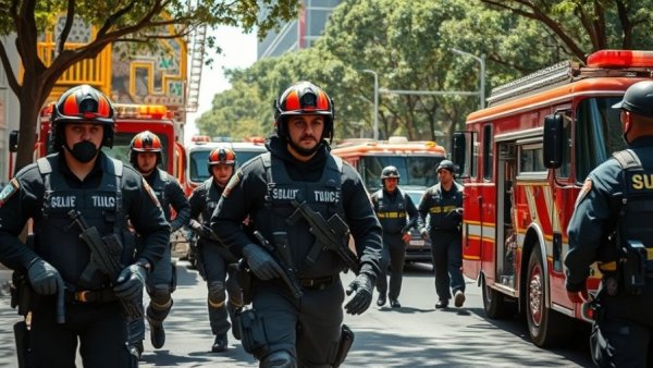 Temple Israel attack: emergency response scene with firetruck and armed personnel.