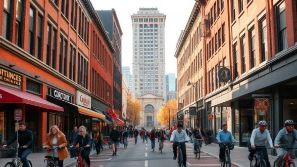 Vibrant Corktown Detroit street scene with people and restaurants.