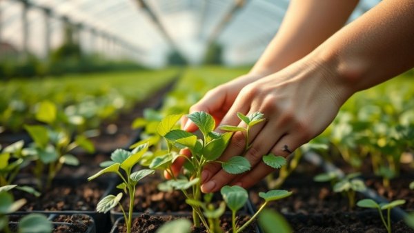 Hands tending plants in a greenhouse, symbolizing growth and care.
