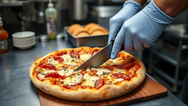 Kindness in Michigan restaurants depicted by chef slicing pizza with care.