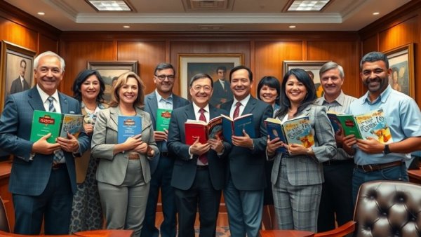 Officials display books in an office for Michigan agriculture literacy initiatives.