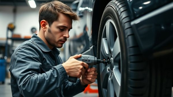 Technician using impact wrench on GM car tire in Brockton High School automotive training.