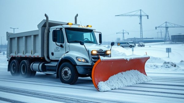 Snow plow truck clearing a snowy road in Muskegon.